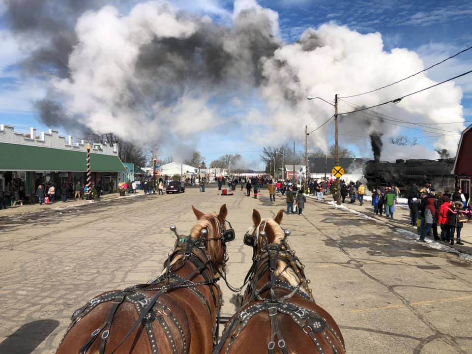 Horses pulling carriage through lively street event.
